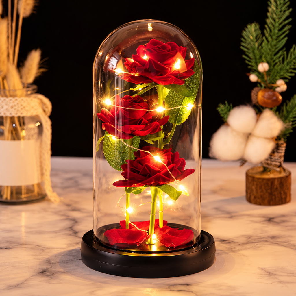 Enchanted Rose Glass Dome – LED Light-Up Eternal Roses Romantic Gift