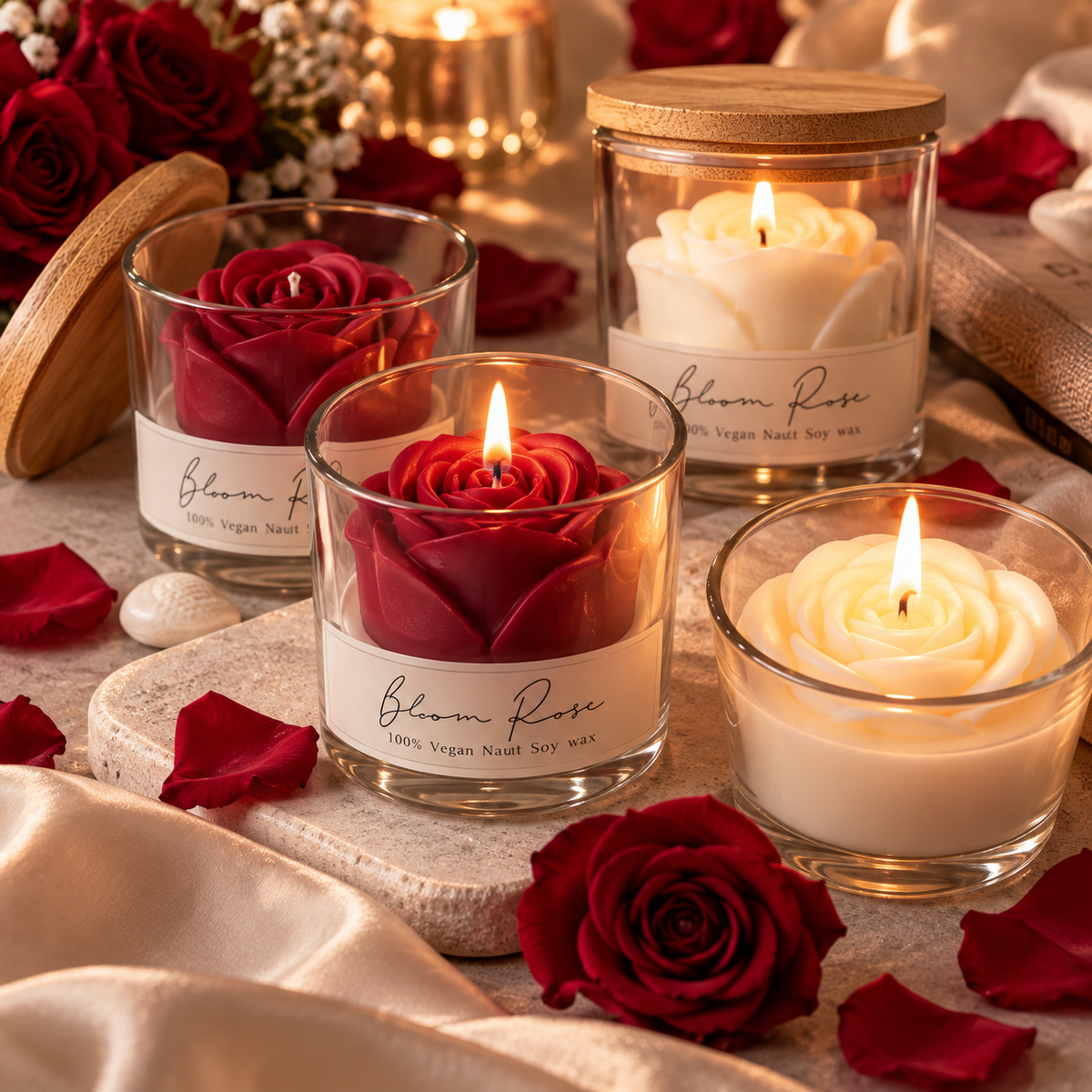 Blooming Rose Scented Candle – Romantic Glass Flower Candle