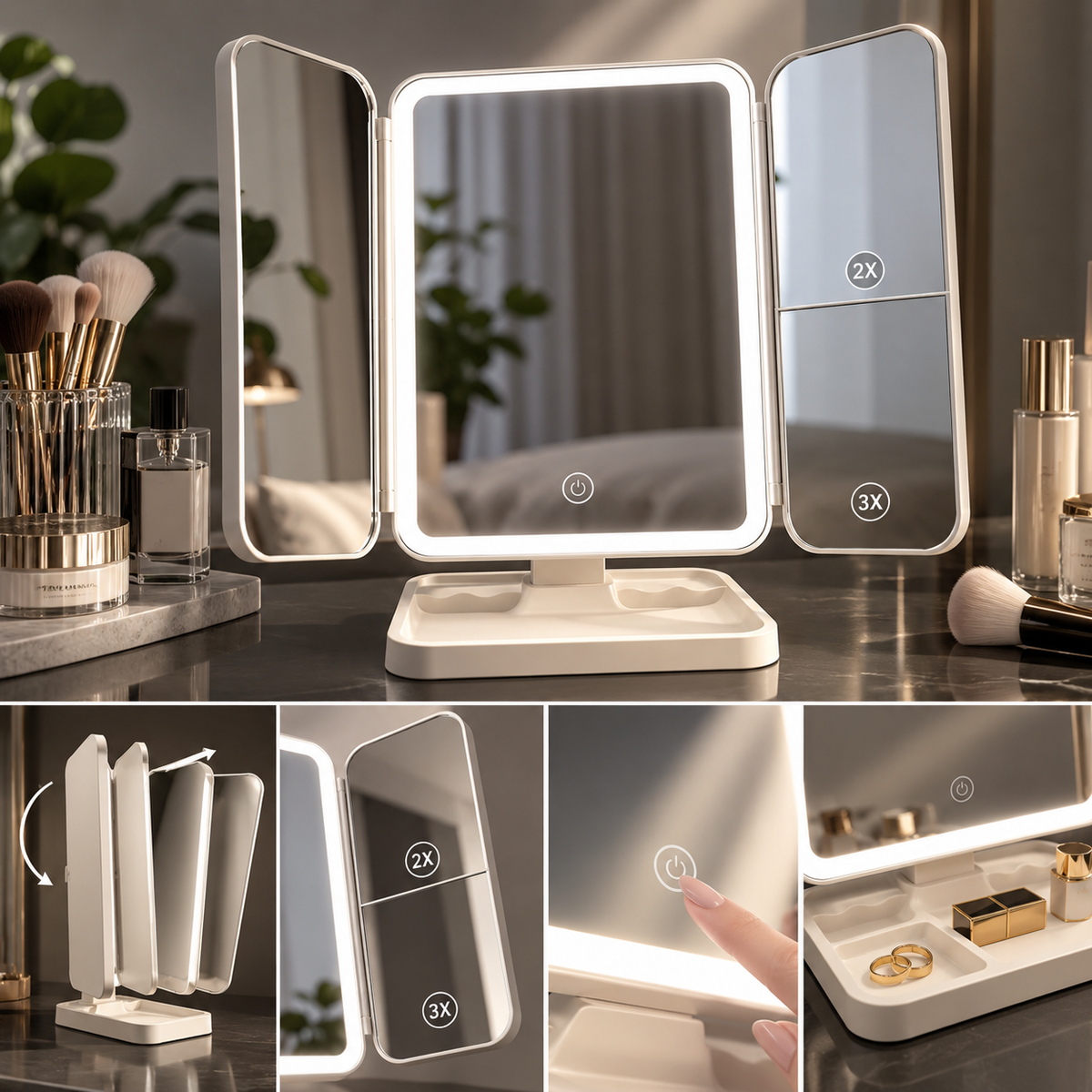 Luxury Tri-Fold LED Makeup Mirror