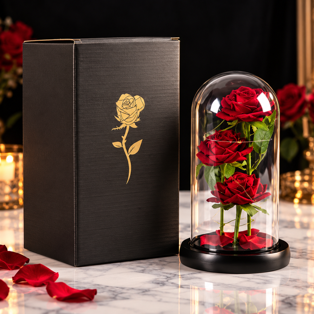 Enchanted Rose Glass Dome – LED Light-Up Eternal Roses Romantic Gift